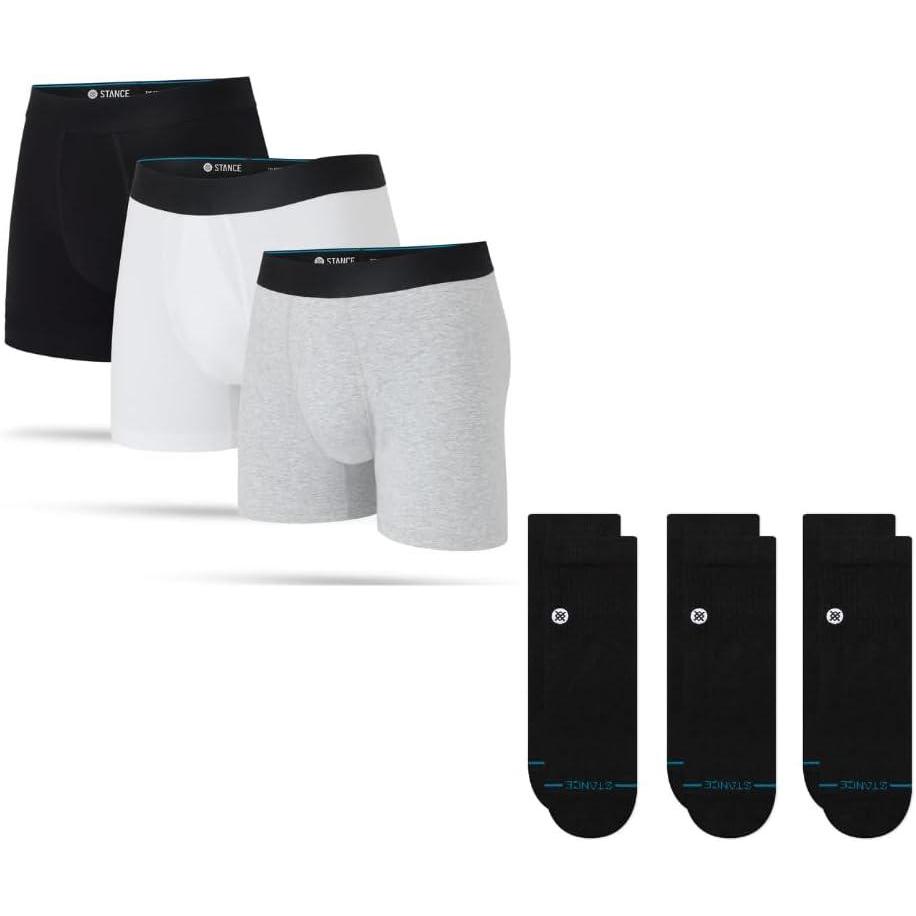 imageStance Mens Comfort Essentials Bundle  3Pack Icon Quarter Socks Black Large  3Pack Boxer Brief Underwear Multicolor Large